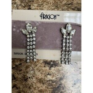 Vintage Aragon Rhinestone Stainless Steel Silver Tone Chandelier Post Earrings